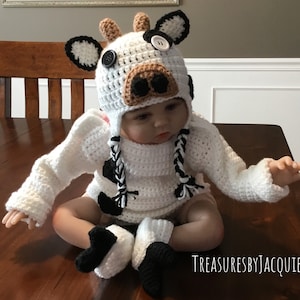 Crocheted baby cow complete costume, baby Halloween costume, baby cow costume, baby cow hat, one piece and booties set