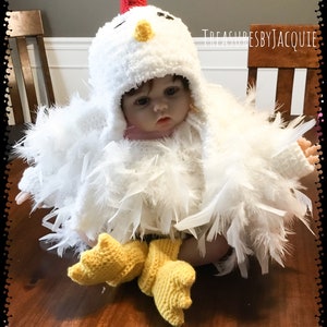 Crocheted baby chicken costume, chicken hat, baby chicken hat and booties, feathered chicken crocheted one piece long sleeved outfit