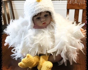 Crocheted Baby Chicken Costume: Feathered Outfit, Hat & Booties