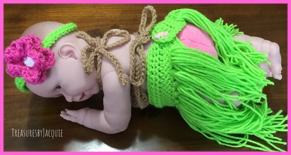 Cute Girl Crochet Knit Headband Coconut Bra Top Hawaiian Grass Skirt Costume