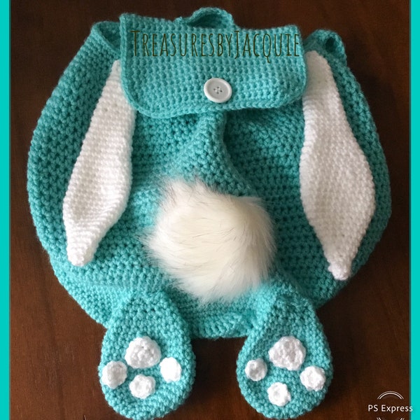 Kids aqua bunny backpack with removable faux fur tail, bunny paws and ears, crocheted backpack, kids backpack, aqua bunny backpack