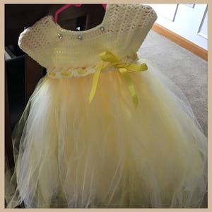 Handmade crocheted yellow princess toddler tulle dress size 2-3t with satin ribbons and crystal, Easter dress, flower girl dress, baby dress