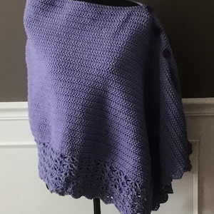 Crocheted periwinkle purple ladies lacy edge poncho, ladies poncho, boho poncho, ladies L - XL poncho, ladies poncho wrap, crocheted poncho