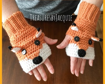 Crocheted fingerless fox or wolf gloves, kids fox gloves, adult fox gloves, kids wolf gloves, adult wolf gloves, fox fingerless gloves, wolf