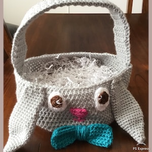 Crocheted Easter Bunny Basket: Handmade Gray Basket with Teal Bowtie