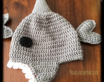 Crocheted shark winter hat with earflaps, shark hats, crocheted winter hat, kids shark hat, adult shark hat, fun winter hat, shark hat