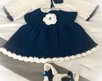 Handmade crocheted complete newborn baby size 0-3 months dress with flower, bolero jacket with flower and little buttonclose Mary Jane shoes