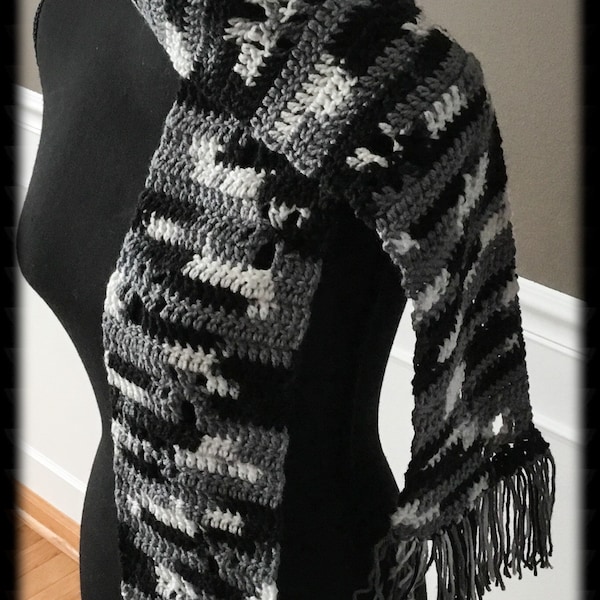 Cozy, cuddly paw print scarf. Soft gray with dark gray in fringe. Pets, dogs, cats, scarf. Pet paw prints scarves with fringe.Animal lovers