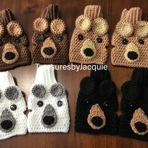 Crocheted fingerless polar bear gloves, adult bear gloves, kids bear gloves, polar bear gloves, black bear fingerless gloves, grizzly bear g