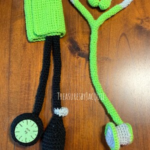 Crocheted Pretend Play Stethoscope and Blood Pressure Cuff Set lime green set