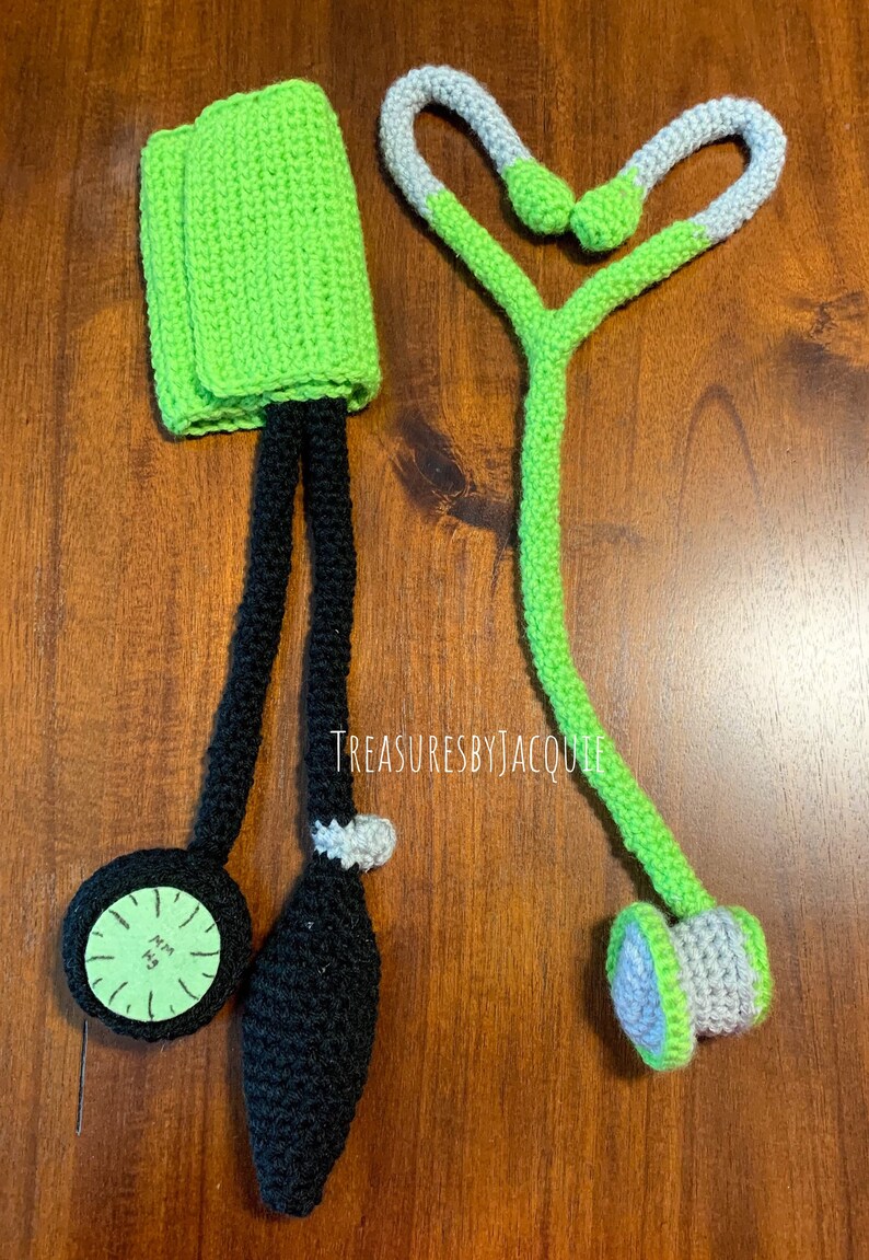 Crocheted Pretend Play Stethoscope and Blood Pressure Cuff Set lime green set