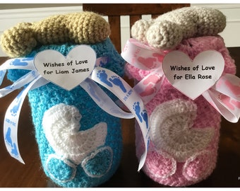 Beautiful, unique handmade crocheted baby shower wishes of love jar.  Shower guest book, one of a kind keepsake gift, baby shower favor