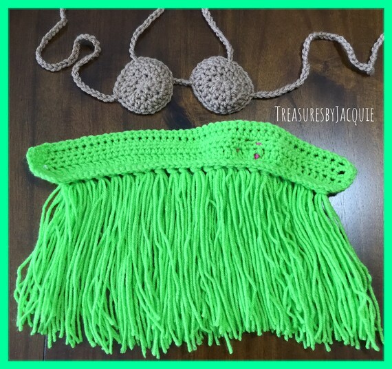 Cute Girl Crochet Knit Headband Coconut Bra Top Hawaiian Grass Skirt Costume