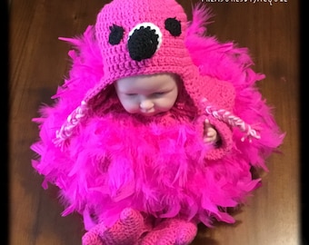 Crocheted baby flamingo costume, flamingo hat, baby flamingo hat and booties, feathered flamingo crocheted one piece long sleeved outfit