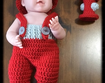 Crocheted newborn firefighter set, firefighter hat, firefighter pants, fire hydrant, newborn photos, newborn photo prop, firefighter baby