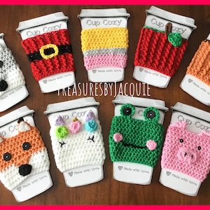Coffee cup cozies, crocheted animal cup cozy, cup cozy, unicorn cup cozy, fox cup cozy, wolf cup cozy, apple cup cozy, water bottle cozy