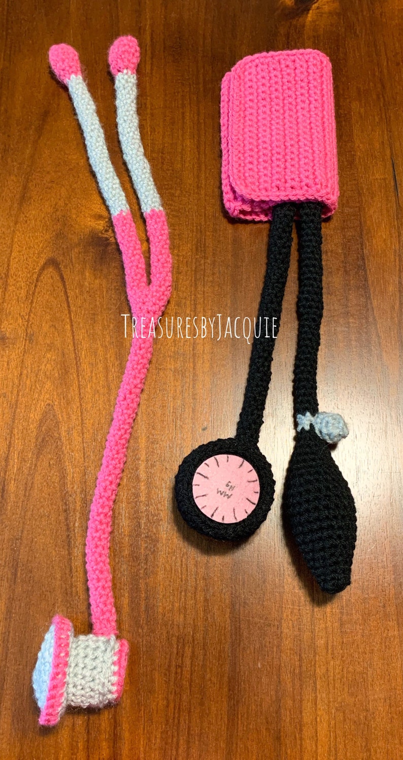 Crocheted Pretend Play Stethoscope and Blood Pressure Cuff Set hot pink set