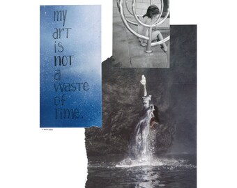Puede incluir: Un collage de imágenes con un fondo azul y el texto "my art is not a waste of time." Una mujer con un vestido blanco está sumergida en el agua, y una niña está sentada en una barandilla de metal en una piscina.
