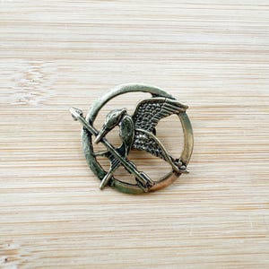 May include: A silver-toned pin featuring a bird with outstretched wings, a bow and arrow, and a circular frame. The pin has a distressed finish, giving it a vintage appearance. The design is a symbol of resilience and hope.