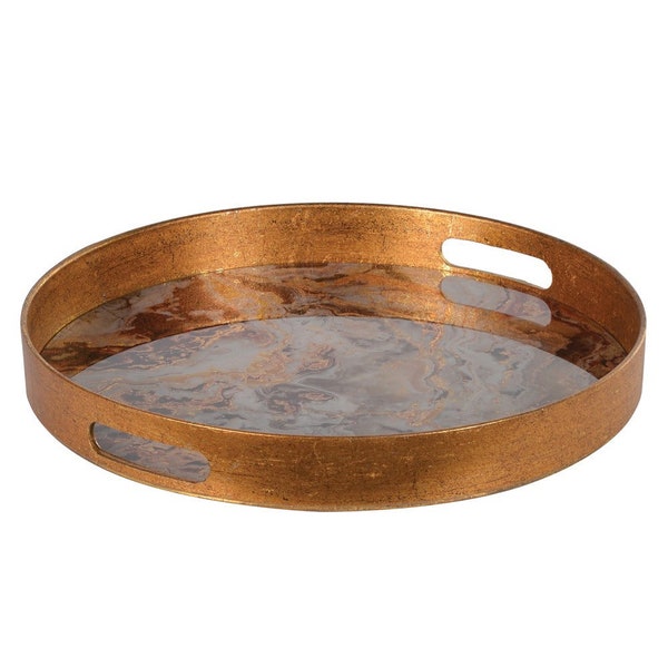 Round Marble Effect Tray | Gold Serving Drinks/Tea Tray | Decorative Tray | Coffee/Bar Table Tray | Candle Tray