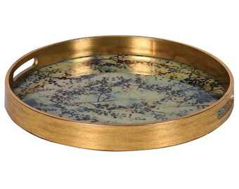 Round Gold and Blossom Effect Tray | Serving Drinks/Tea Tray | Decorative Tray | Coffee/Bar Table Tray | Candle Tray