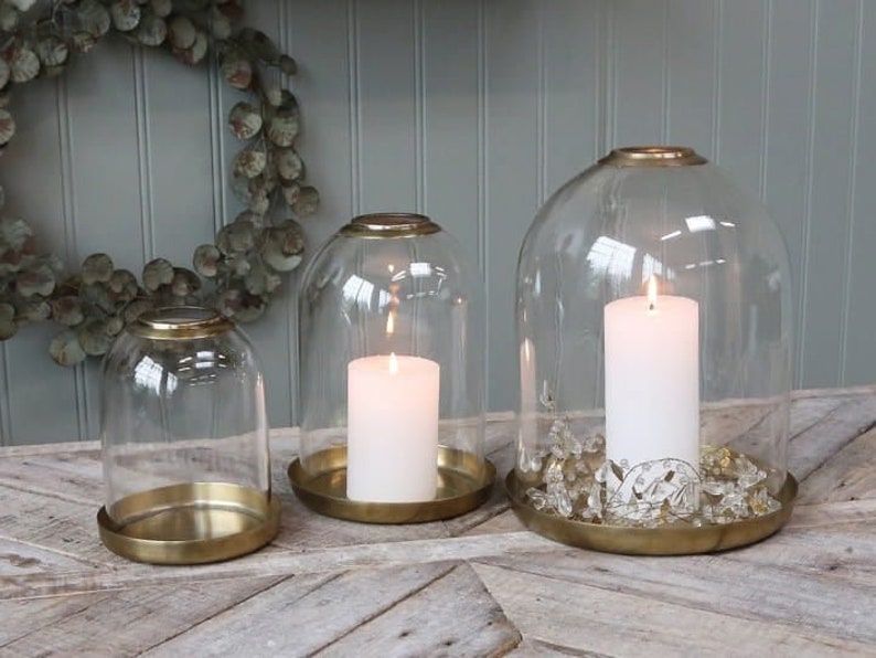 Glass Bell Jar Cloche Dome With Brass Tray Display Dome Candle Etsy