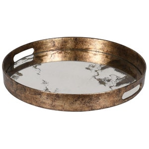 Round Mirrored Marble Effect Tray | Gold Serving Drinks/Tea Tray | Decorative Tray | Coffee/Bar Table Tray | Candle Tray