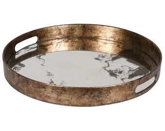 Round Mirrored Marble Effect Tray | Gold Serving Drinks/Tea Tray | Decorative Tray | Coffee/Bar Table Tray | Candle Tray