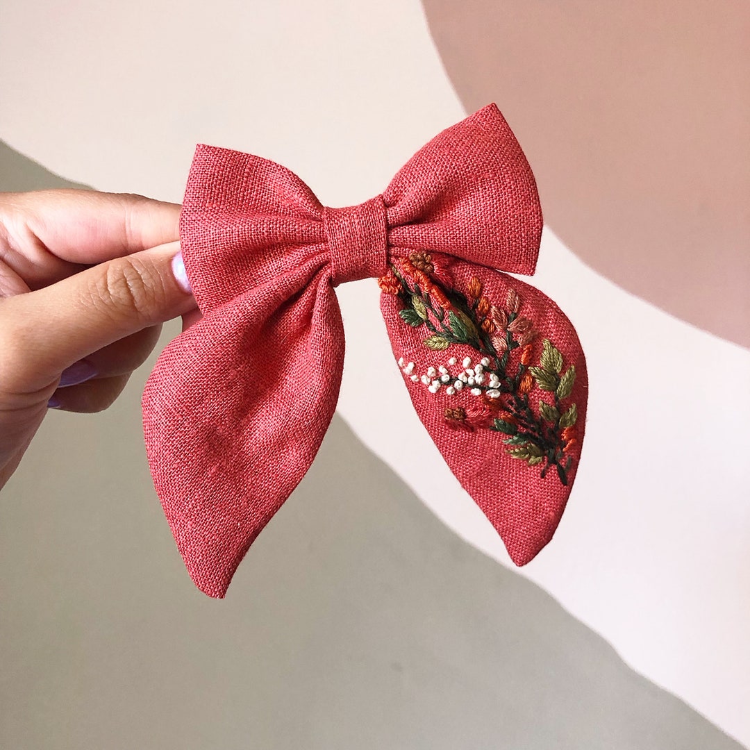 Muted Red Linen Embroidery Sailor Hair Bow Hand Embroidered Etsy