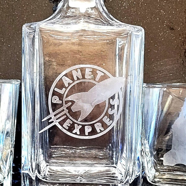 Futurama etched planet Express whiskey decanter, heavy glass nerdy decanter