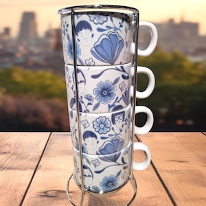 Bob's Burgers Blue China Pattern Latte Stacking Cups with Rack