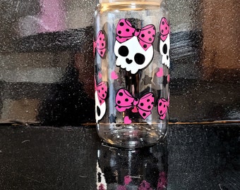 Cute Skulls with Bows 16 Ounce Glass Tumbler - Unique Drinkware for Skull Lovers