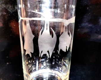 Etched Hanging Bat Glass, tall Tennyson glass