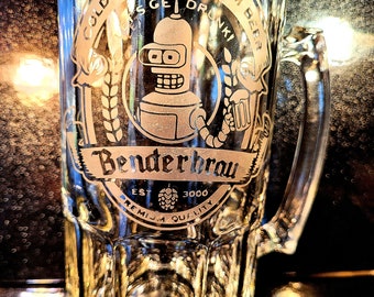 Futurama-inspired Bender Beer Mug 32 Ounce Stein, Benderbrau Glass, Etched Futurama Barware