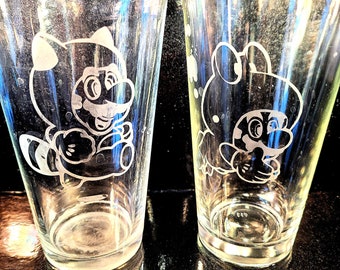 Retro Gamer Mario Pint Glasses - Mario 3 with Frog and Raccoon Costumes, Mario 3 etched  pint glasses,