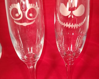 Jack and Sally champagne flutes. Geeky wedding glasses