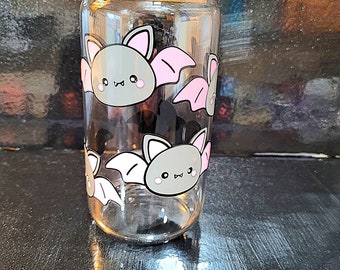 Cute grey bat glass tumbler, 16 ounce tumbler with bamboo lid and straw