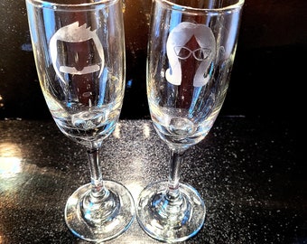 Bobs burgers Bob and Linda etched champagne flutes. Geeky wedding glasses