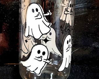 Spooky Ghost Middle Finger 16 oz Glass Tumbler - Funny Halloween Drinkware with bamboo lid and straw