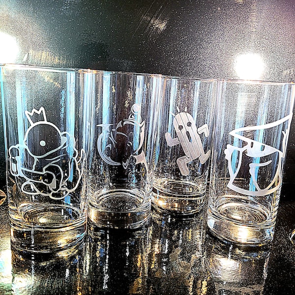 Etched Final Fantasy 9 Glasses Set - Moogle, Mage, Cactaur, Tonberry - Great Glasses For Your Favorite Nerd