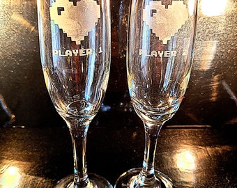 Elegant Personalized Player 1 and 2 Etched Champagne Flutes - Perfect for Your Wedding Celebration! Player Geeky wedding glasses