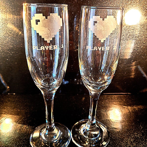 Elegant Personalized Player 1 and 2 Etched Champagne Flutes - Perfect for Your Wedding Celebration! Player Geeky wedding glasses