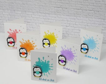 Grußkarten mit abnehmbaren Magnet Pinguin - 6er Set in Regenbogenfarben - Ich denk an dich - Gruß in die Ferne - Kühlschrankmagnet - Magnet