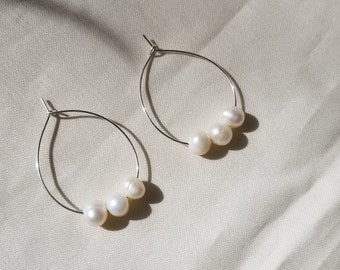 HOOPS | Sterling Silver 14K Gold Wire Hoops with Freshwater Pearl