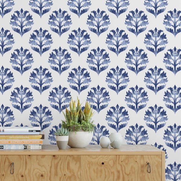 Peel and Stick Wallpaper Blue Navy Ikat Wallpaper/ Removable Wallpaper/ Unpasted Wallpaper/ Pre-Pasted Wallpaper WW2047