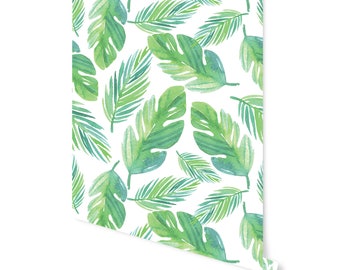 Tropical Palm Leaf Wallpaper, Green Watercolor Pattern, Removable Wall Decor WW1734