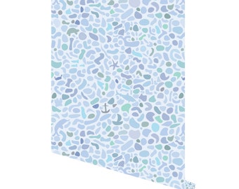 nautical coastal tropical blue and white peel and stick wallpaper/ Abstract Sea Pebble Mosaic Wallpaper/ Removable Wallpaper WW2312