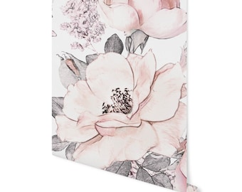 Peel and Stick Wallpaper Floral/ Vintage Pink Roses Removable Wallpaper/ Unpasted Wallpaper/ Pre-Pasted Wallpaper WW1933