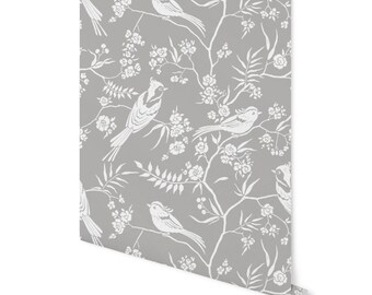 Gray Song Bird Silhouette Wallpaper/ Removable Wallpaper/ Peel and Stick Wallpaper/ Unpasted Wallpaper/ Pre-Pasted Wallpaper WW2151