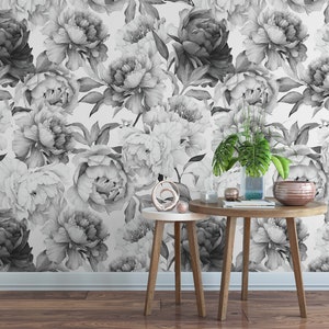 Peel and Stick Wallpaper Floral/ Black and White Peony - Etsy